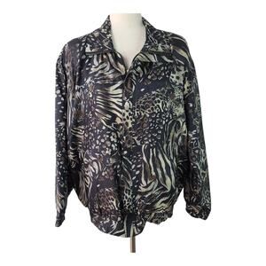 CoAco Brown Tan Silk Big Jungle Cat Leopard Tiger Windbreaker Jacket Coat Medium